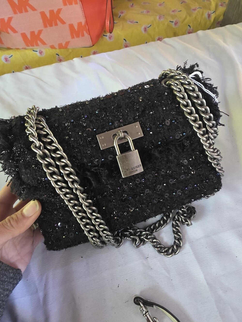 Kurt Geiger Black Sequin Chain Shoulder Bag with Padlock